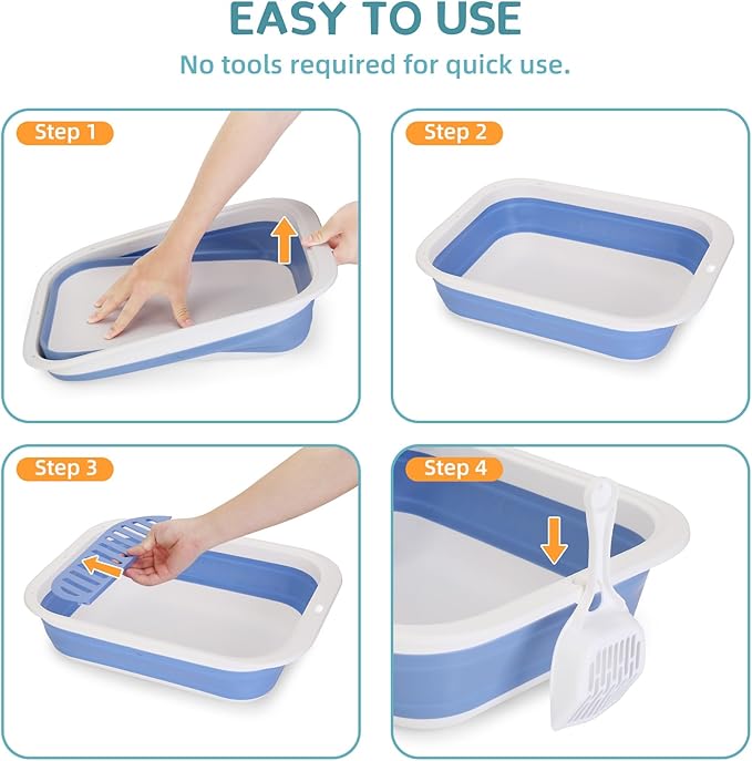 Collapsible Kitten Litter Box, ShineMe Open Top Small Cat Litter Box with Scoop and Litter Bag, Anti-Splash Waterproof Kitty Toilet Potty Pan for Sick Frail Cat 17" x 13.5", Blue