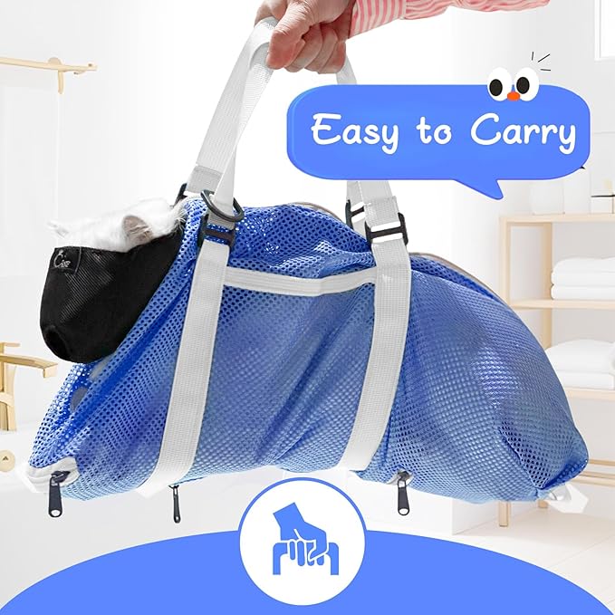 Cinf Cat Bathing Bag(Free Muzzle) Breathable Mesh Anti Scratch Adjustable Cat Grooming Bag for Nail Trimming, Bathing Soft Cat Washing Bag(Blue) M
