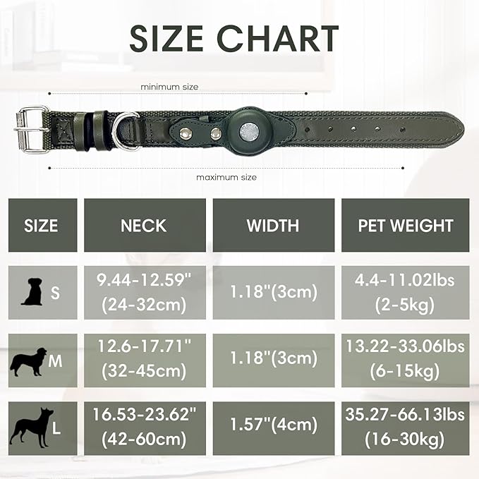 AirTag Dog Collar Soft Leather Webbing Dog Collar for AirTag Provides Double Protection for Small Medium and Large Dogs(Black,M)