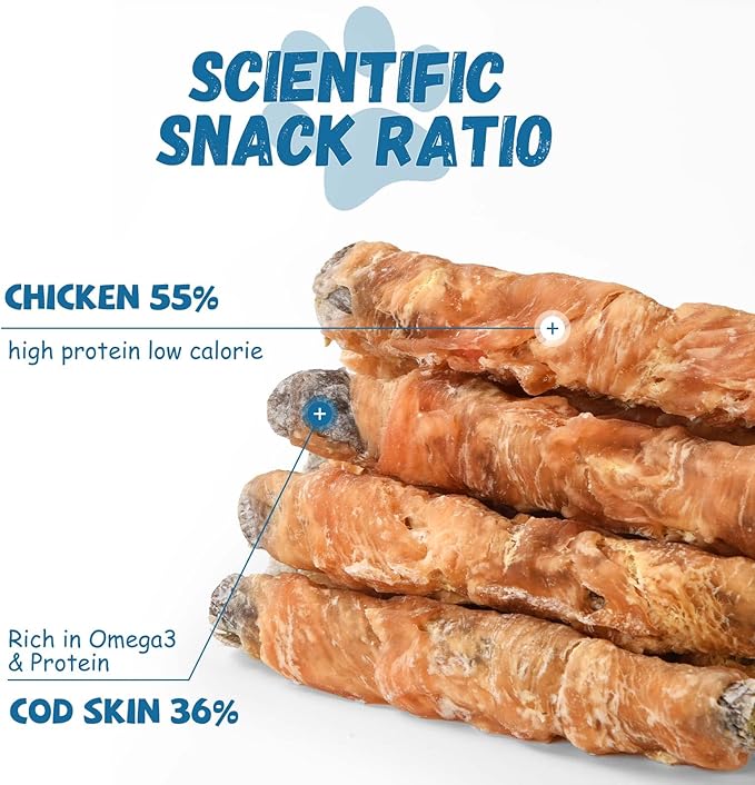 Dog Treats Chicken Wrapped Cod Fish Skin Sticks, Healthy High Protein Omega3 Cod Twist Dog Chews Real Chicken Wrap Teeth Cleaning for Large Medium Small Breeds, 10.6 oz