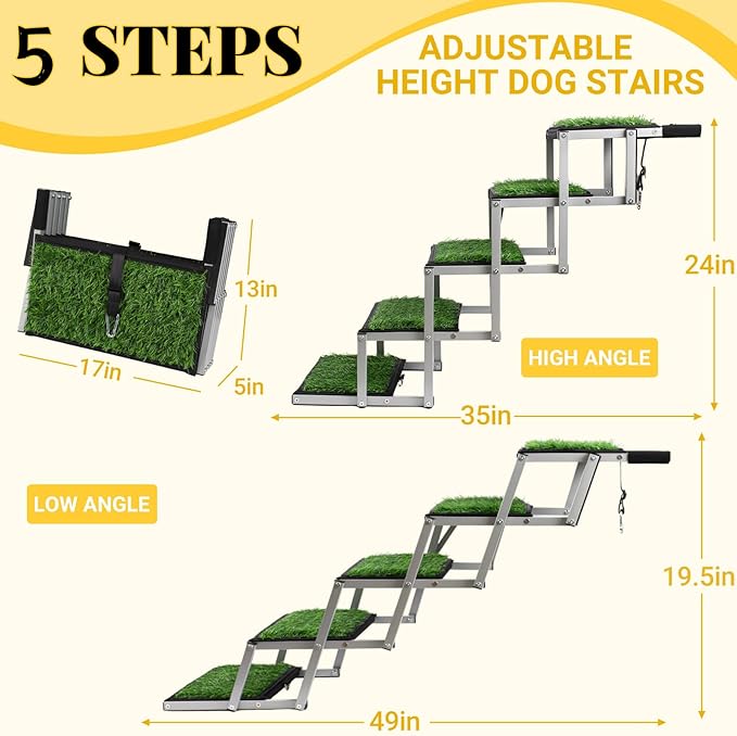 Dog Stairs for Car, Portable Folding Dog Ramps,Dog Steps for Large Dogs with Non-Slip Grass Rug for Cars, SUV, Trucks, Lightweight Pet Ramp Supports Up to 200 lb, 5 Steps