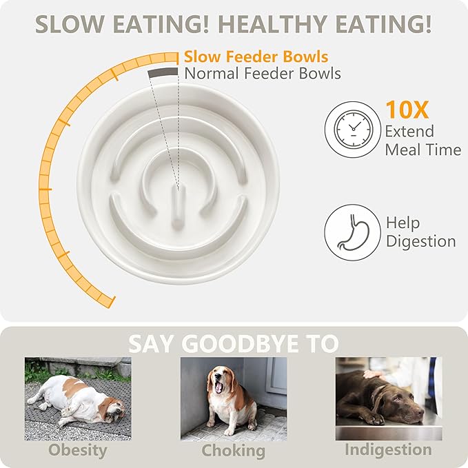 Ceramic Slow Feeder and Water Bowl Set for Medium and Large Dogs, Ceramic Dog Bowls Elevated with Wooden Stand, 2.0 Cups Dog Slow Feeder(30oz) and 70oz Water Bowl Set, White