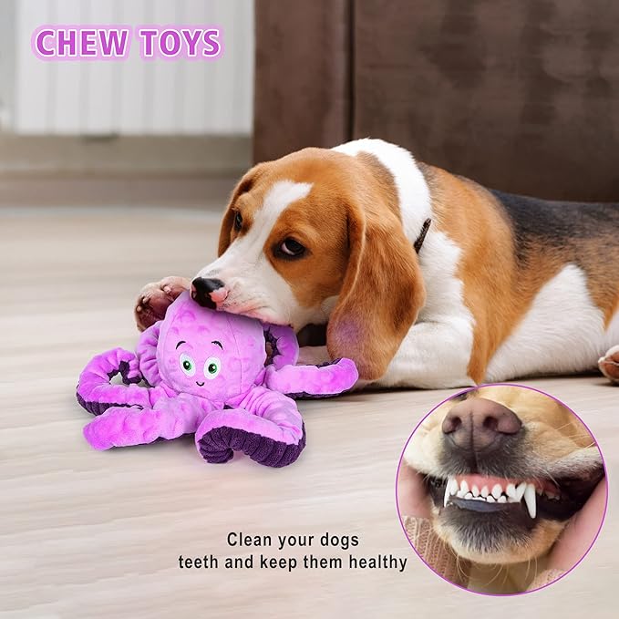 Dog Squeaky Toys Octopus - Tough Plush Large Medium & Small Dog Toys - Stuffed Animals Puppy Toys - Funny Cute Dog Toy for Dog Birthday Presents (Octopus Purple)