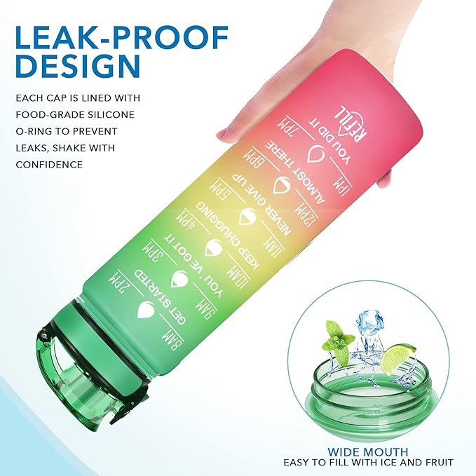 Enerbone Water Bottle, Leakproof BPA & Toxic Free, Motivational Water Bottle with Times to Drink and Straw, Fitness Sports Water Bottle with Strap for Office, Gym, Outdoor Sports