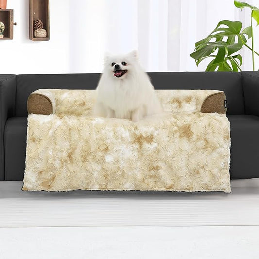 Calming Dog Couch Bed for Medium Dogs/Cats, 35 x 31 inch Waterproof Removable Dog Mat Couch Cover for Furniture Protector, Non-Slip Fluffy blunique Pet Bed for Couch, Sofa - Tie-Dye Khaki