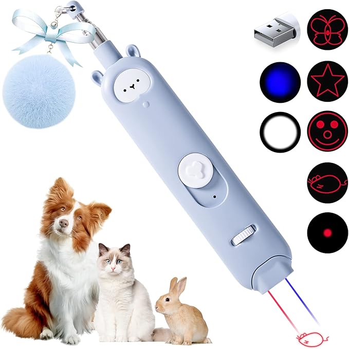 Cat Laser Toys, 2 in 1 Laser Pointer Cat Toys,Internative Cat Toys for Indoor Cats,3+5 Light Modes Cat Wand Toy, Retractable Cat Feather Toys, Long Range Kitten Toys,USB Rechargeable (Blue)