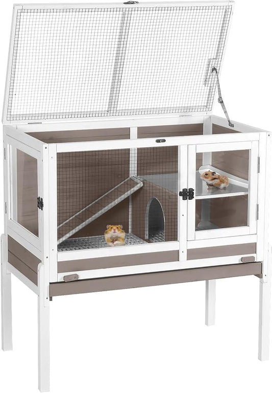 Aivituvin Wooden Guinea Pig Cages Indoor with Removable Stand, Anti Chewing Rabbit Hutch with Ramp and Wire Mesh, 2 Story Small Animals House Habitat with Pull Out Tray (Brown)