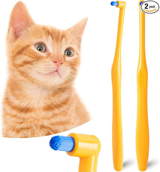 Cat Toothbrush Tuft Head, Small Dog & Puppy Tooth Brushing Kit, Mini Head Teeth Brush for Kitten & Tiny Pet, Doggy Toothbrushes Deep Dental Cleaning, 2 PCS - Orange