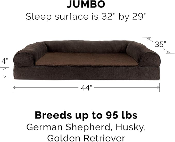 Furhaven Cooling Gel Dog Bed for Large Dogs w/ Removable Bolsters & Washable Cover, For Dogs Up to 95 lbs - Sherpa & Chenille Sofa - Coffee, Jumbo/XL