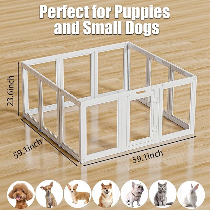 Clear Acrylic Dog Playpen Transparent Dog Playpens Indoor, Small Pet Play Pen for Small Dogs, Puppies, Cats & Rabbits, Assemble & Disassemble, with Door & Suction Cups (23.6" H, 8PCS),White