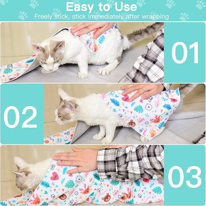 21.7" Cat Grooming Cloth Wrap, Cat Wrap for Cutting Nails, Self-Adherent Fabric Wrap for Cats, Cat Burrito Wrap Anti-Scratch, Anti-Escape, Multifunctional Swaddle Wrap Pet Tool (Floral, Large)