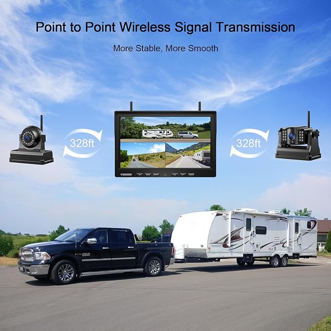 Fookoo HD 10" Magnetic Wireless Backup Camera,10" IPS Split Screen Monitor, Rechargeable 2 Side View 1 Rear View Cameras,Low Consumption 1-Min Install No Drilling Recording for Trailer Truck DCX103