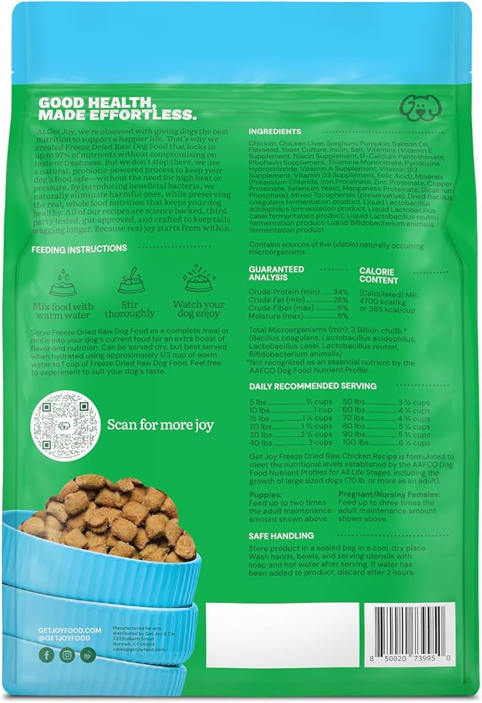 Get Joy Gut Health Fresh Freeze Dried Raw Meal, Chicken Recipe, 16 Ounce Bag, Dog Food for Dogs of All Breeds and Life Stages, PhD Animal Nutritionist Formulated, Made in USA