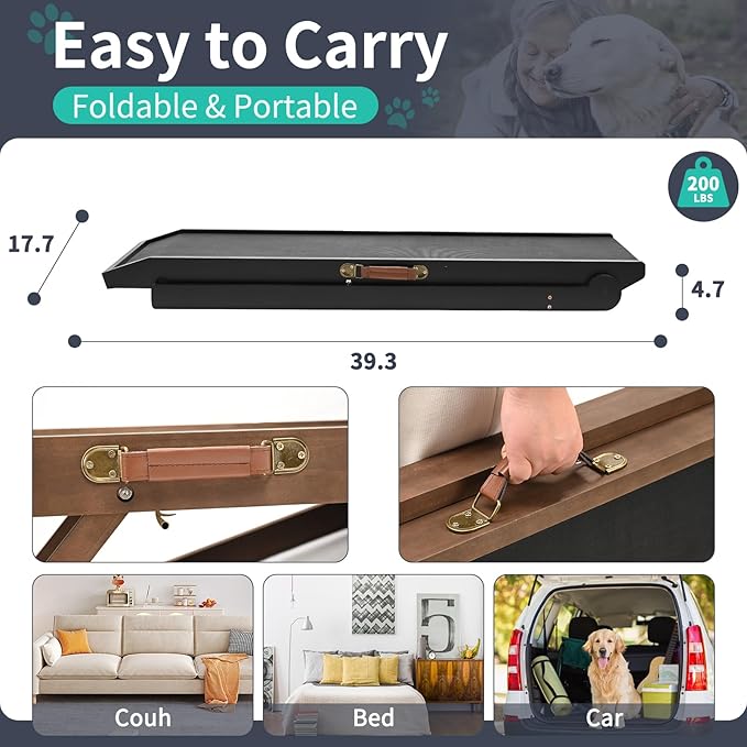 Dog Ramp, Adjustable Height Wooden Folding Pet Ramp for Bed, Couch,SUV-High Traction, Portable Paw Ramps for Small & Large Old Dogs & Cats - Furniture Quality