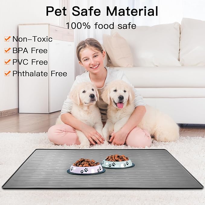 39.4"x29.5" Large Pet Food Mat, Silicone Dog Mats for Food and Water, Nonslip Pet Feeding Mats for Floors,Dog Cat Bowl Mat with Raised Edges, Lake Blue