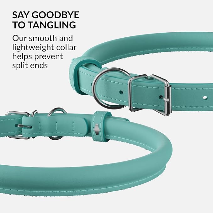 CollarDirect Rolled Leather Dog Collar, Soft Padded Round Puppy Collar, Handmade Genuine Leather Collar Dog Small Large Cat Collars 13 Colors (18-22 Inch, Mint Green Smooth)