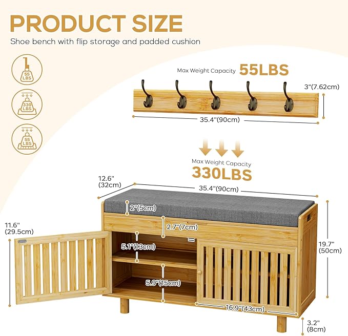 Coat Rack Shoe Bench Set, Bamboo Shoe Storage Bench with Seat Cushion & 5 Hooks, Hall Tree Entryway Bench with Lift Top Hidden Storage, 35.4" W x 12.6" D x 19.7" H, for Entryway, Living Room, Bedroom