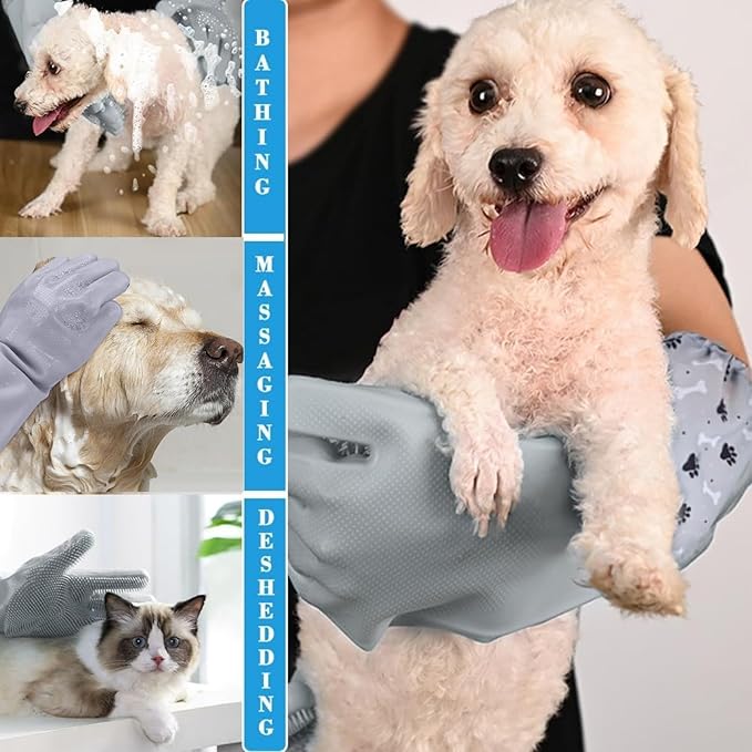 Dog Washing Gloves, Pet Grooming Gloves with Soft Brushes, Bathing and Massaging for Dogs and Cats, Silicone Heat Resistant Cleaning Gloves with High-Density Teeth (Gray)