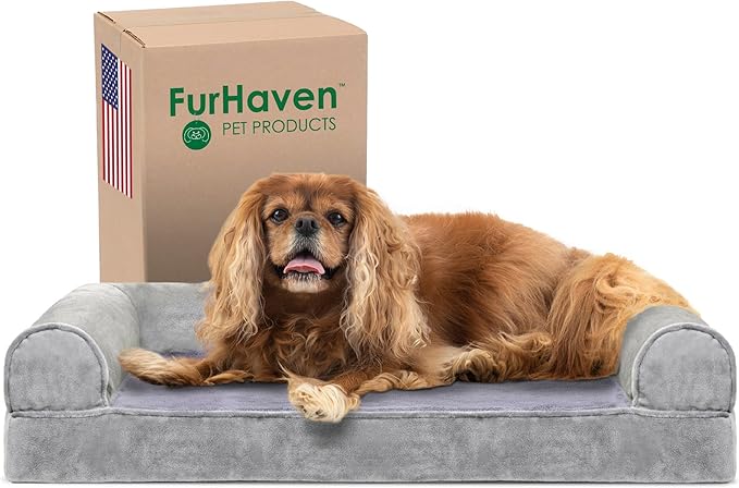 Furhaven Cooling Gel Dog Bed for Medium/Small Dogs w/ Removable Bolsters & Washable Cover, For Dogs Up to 35 lbs - Faux Fur & Velvet Sofa - Smoke Gray, Medium