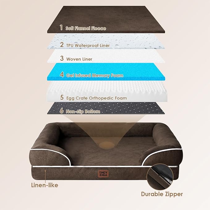 EHEYCIGA Orthopedic Dog Bed for Small Dogs, Waterproof Memory Foam Small Dog Beds with Sides, Non-Slip Bottom and Egg-Crate Foam Medium Pet Couch Bed with Washable Removable Cover, Brown