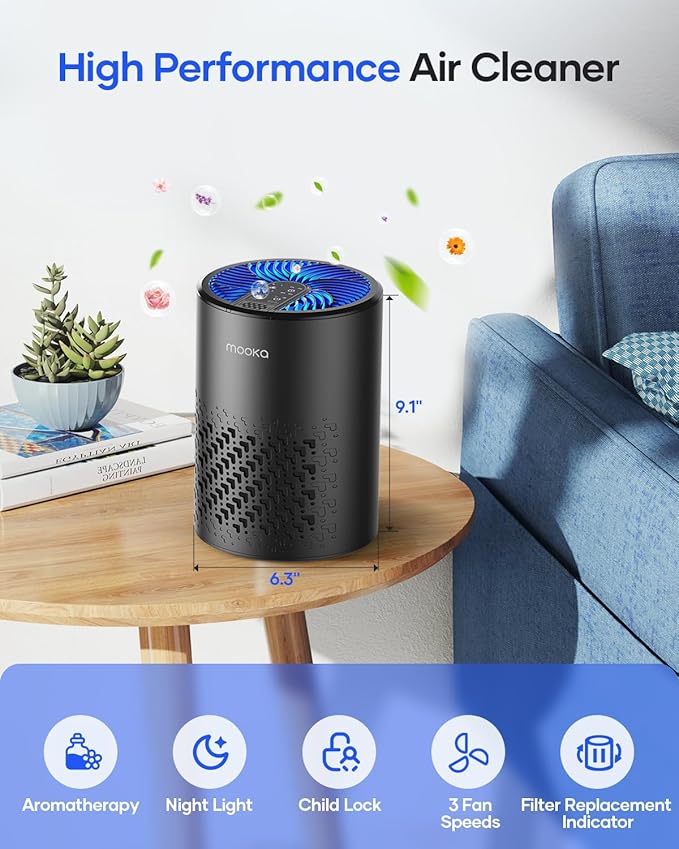 Air Purifiers for Bedroom Home, MOOKA HEPA Air Purifier for Home Pets with Fragrance Sponge for Smoke Dust Pollen Dander Odor, Small Air Purifier with Sleep Mode Night Light Timer, KJ067L, Black
