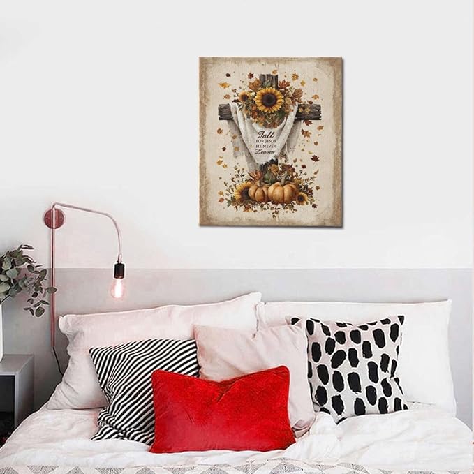 Christian Fall Wall Art Autumn Rustic Cross Sunflower Pumpkin Wall Decor Fall for Jesus He Never Leaves Pictures Painting Print Framed Artwork Decorations Gifts for Living Room Bedroom Prayer Room Office 20"x24"