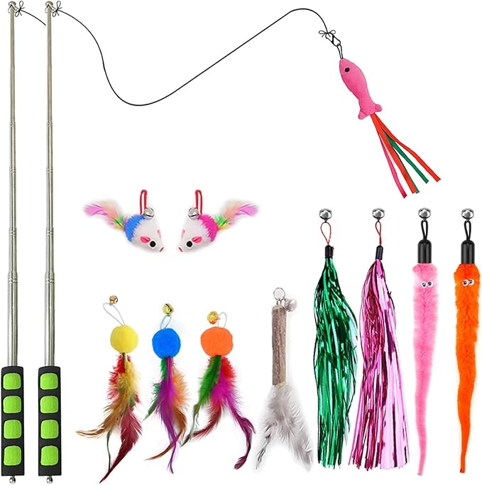 2pcs Retractable Wand Toys, Cat Fishing Rod with 11 Pcs Feather Refills for Indoor & Outdoor Cats