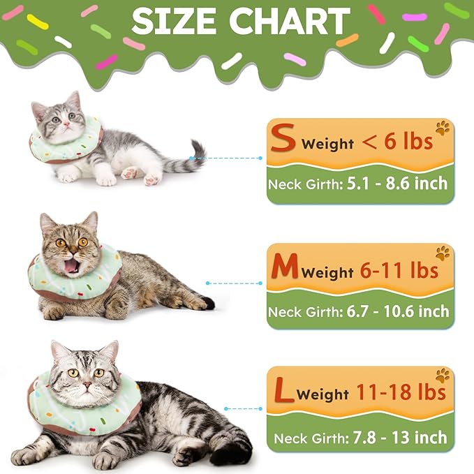 Cat Cone Collar Soft, Waterproof Cat Recovery Collars Spay Cones to Stop Licking Cute Donut E Collar After Surgery Anti-Lick Wound Healing Safety Elizabethan Collar for Kittens (Donut Green, Small)