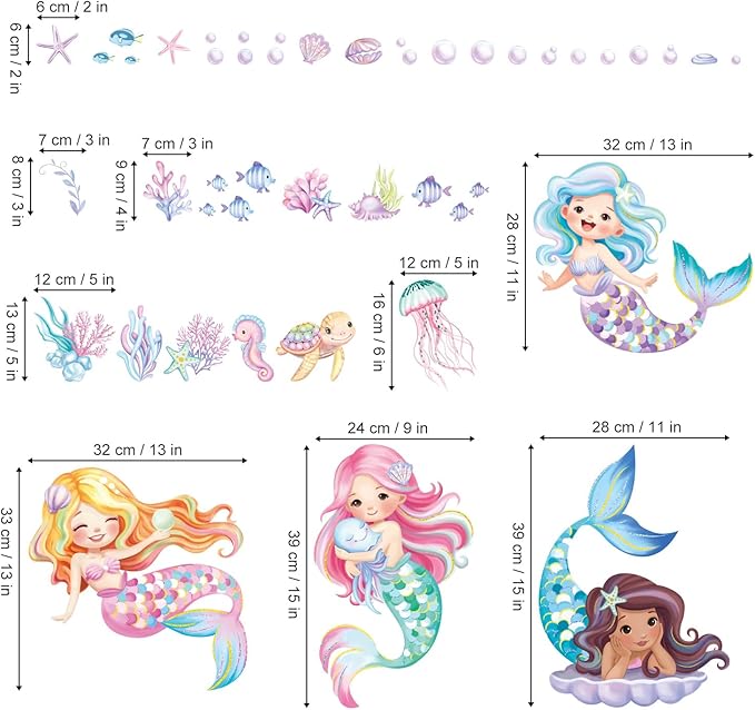 decalmile Under The Sea Mermaid Wall Decals Ocean Fish Starfish Turtle Wall Stickers Baby Nursery Girls Bedroom Bathroom Wall Decor