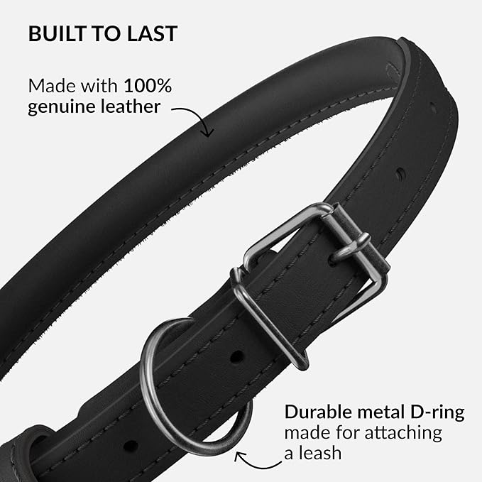 CollarDirect Rolled Leather Dog Collar, Soft Padded Round Puppy Collar, Handmade Genuine Leather Collar Dog Small Large Cat Collars 13 Colors (6-7 Inch, Black Smooth)