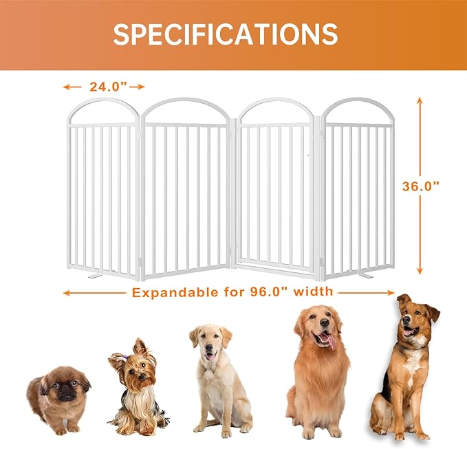 4 Panles Full Matel Freestanding Dog Gates with Door, 96"Extra Wide 36"Tall Free Standing Dog Pet Gate for Indoor & Outdoor. Foldable Pet Fences for Doorways, House, Stairs, Porch, Deck, Yard