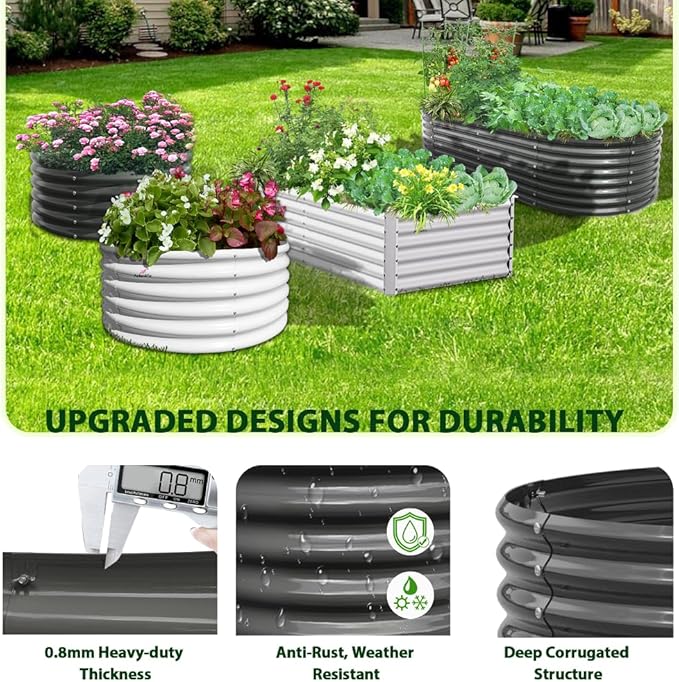 A ANLEOLIFE 8X4X1.5 ft Galvanized Raised Garden Beds Outdoor, Oval Large Metal Planter Box for Planting Vegetables Flowers Herb, Anti-Rust & Easy-Setup, Quartz Grey