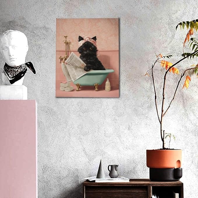 Cat Bathroom Wall Decor Black Cat Reading Newspaper in Bathtub Canvas Wall Art Funny Bathroom Pictures Kitten Painting Print Pink Artwork Framed Decorations Gifts 16"x20"