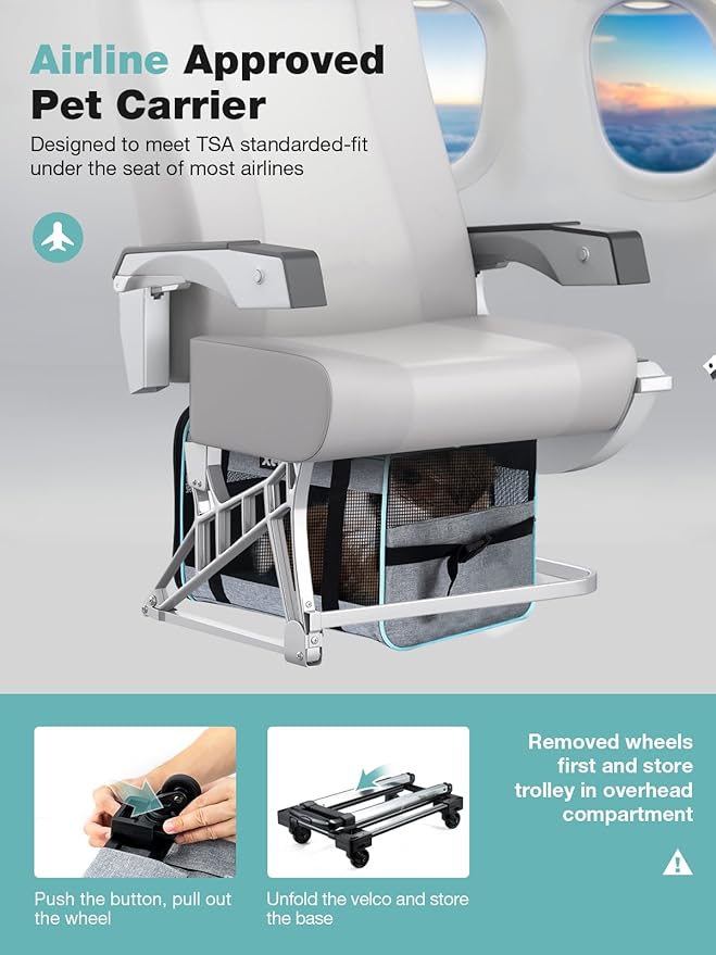 Cat Dog Carrier with Wheels Airline Approved Rolling Pet Carrier with Telescopic Handle, Shoulder Strap and Pet Bowl, Grey