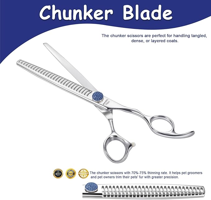 7.5'' Dog Grooming Scissors CNC 440C Blades Sharp and Durable Polished Chunker Dog Shears with Blue Diamond Adustable Screws Easy to Use for Groomer and Home User