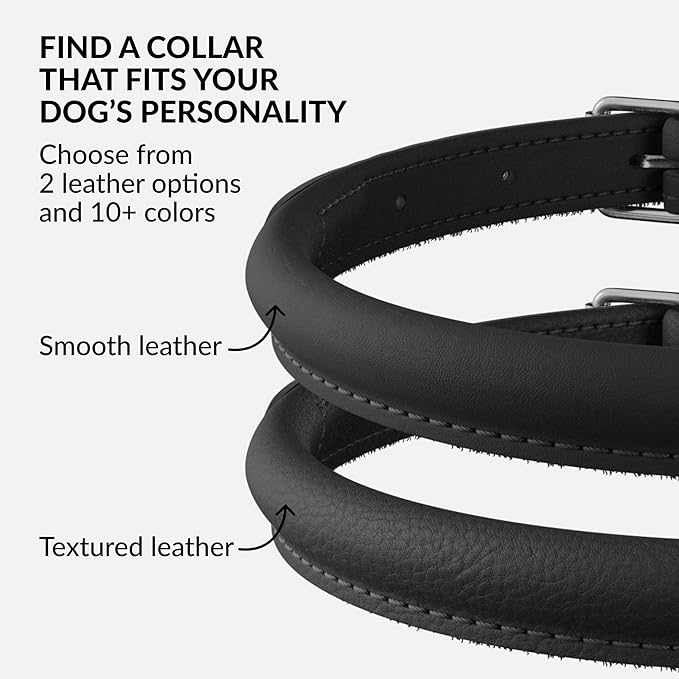 CollarDirect Rolled Leather Dog Collar, Soft Padded Round Puppy Collar, Handmade Genuine Leather Collar Dog Small Large Cat Collars 13 Colors (18-22 Inch, Black Smooth)