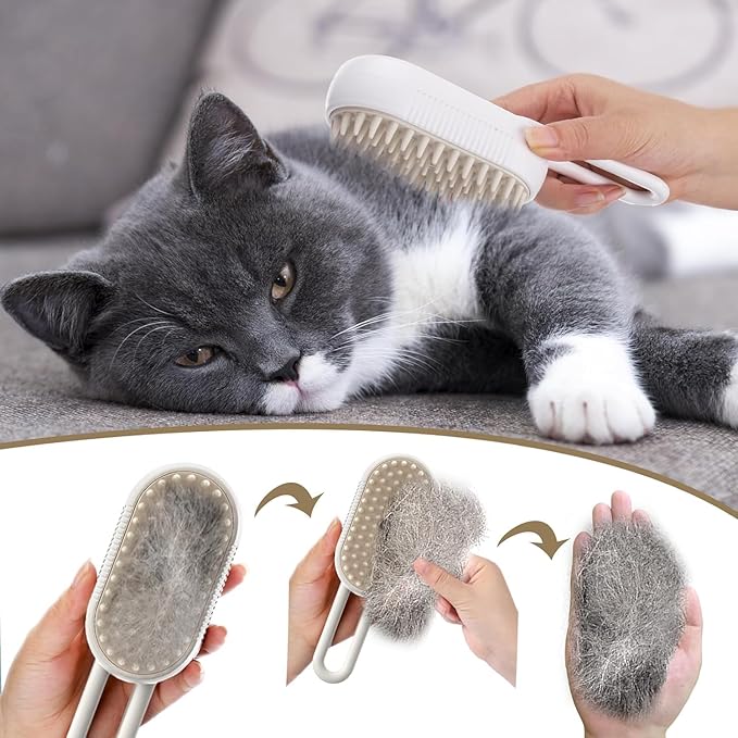 Cat Steam Brush - 5 In1 Grooming Kit for Cats and Dogs Silicone Massage Tool - Stainless Steel Nail Scissors - Hair Detangling Comb - Water Spray Rechargeable Shedding Wash-Free Essence (White)