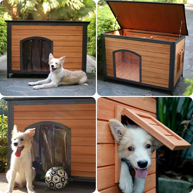 Dog House Outdoor Weatherproof 43.3" L Chew Proof Dog Kennel for Small Medium Large Dogs with Strong Metal Chew Proof Frame Raised Design