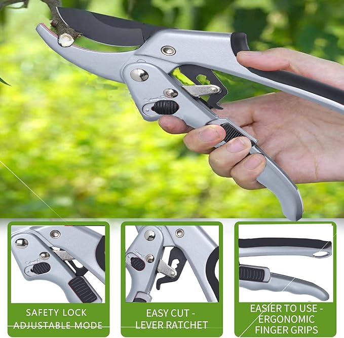Garden clippers, premium Germany pruners, Work 3 times easier, professional ratchet pruning shears, cutting rose, flower, hedge, stem, tree, Sharp gardening scissors, Arthritis weak hand snips