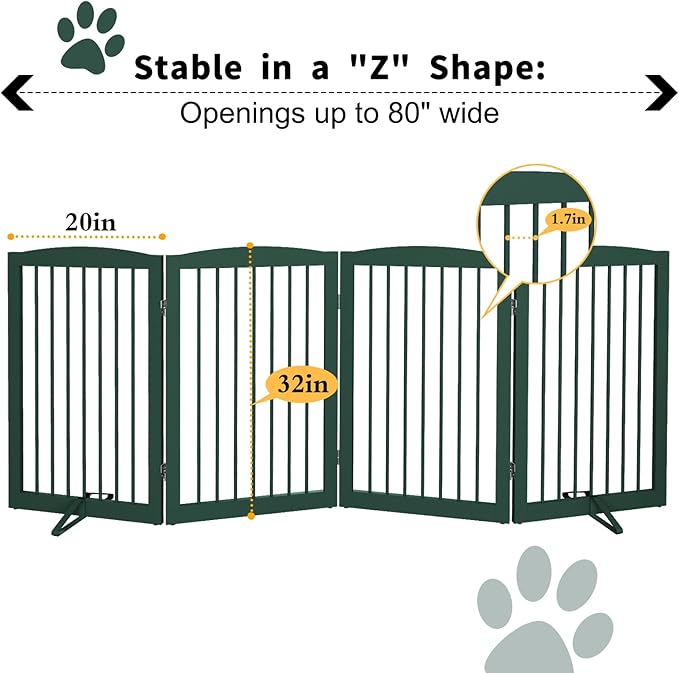 Freestanding Pet Gate for Dogs, Indoor Wooden Dog Gate for House, Foldable Dog Gate for Doorway, Stair, Step Over Pet Puppy Safety Fence Tall, 80 Inch Wide, 4 Panels 32", Green