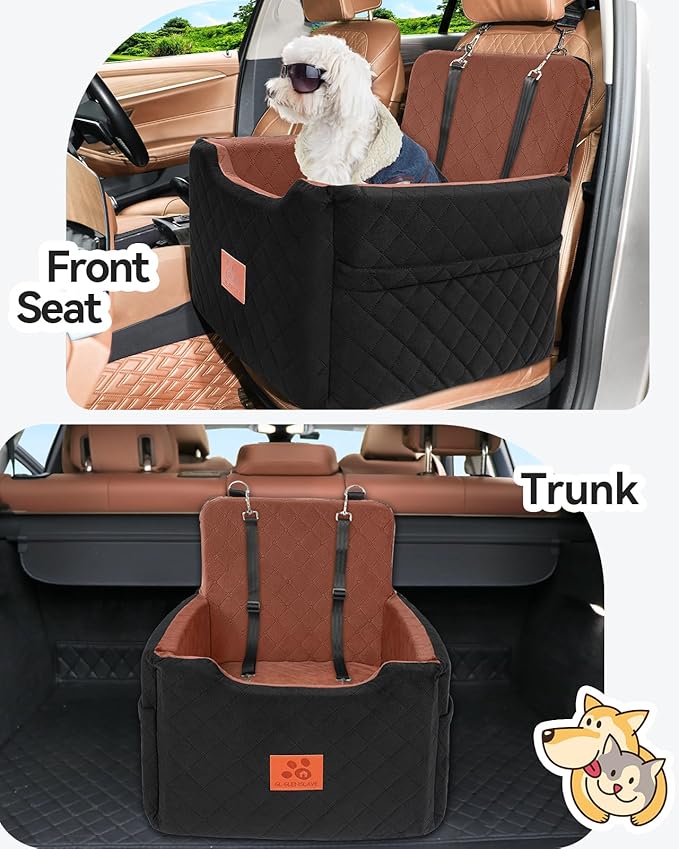 Dog Car Seat for Small/Medium Dogs Under 35lbs,Memory Foam Dog Booster Seats,Detachable and Washable Traval Pet Car Seat, Dogs Bed with 2 Safety Belts(Balck/Brown)
