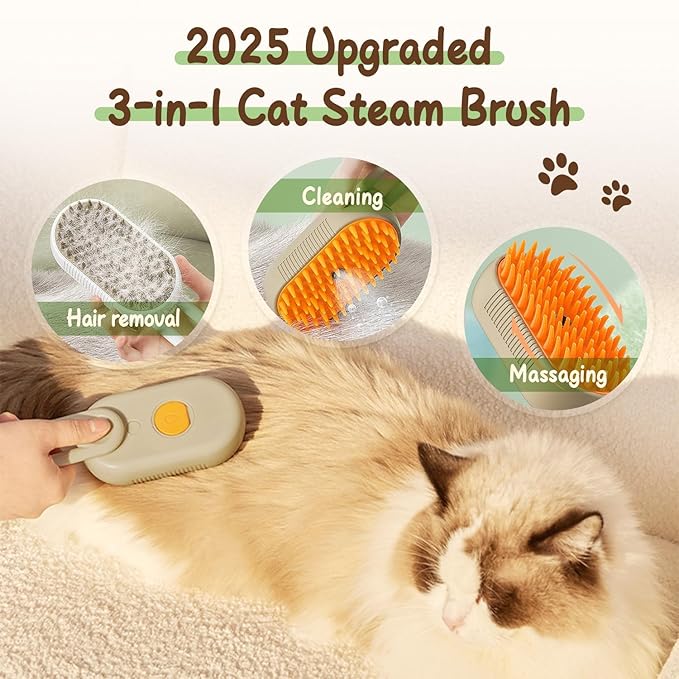 Cat Steam Brush for Shedding, 2025 New 3 in 1 Cat Brushes for Indoor Cats, Pet Steam Groomer Comb, Hair Water Brush Hair Removal Comb for Cats Dogs (White)