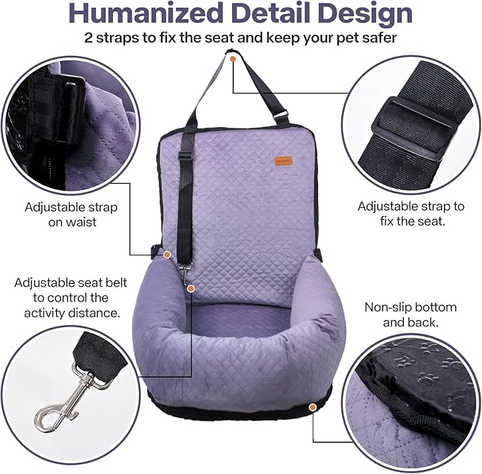 Dog Car Seat for Small Medium Dogs Up to 40lbs, Detachable Washable Soft Pet Booster Travel Bed for Front & Purple Seat with Safety Leash Belt