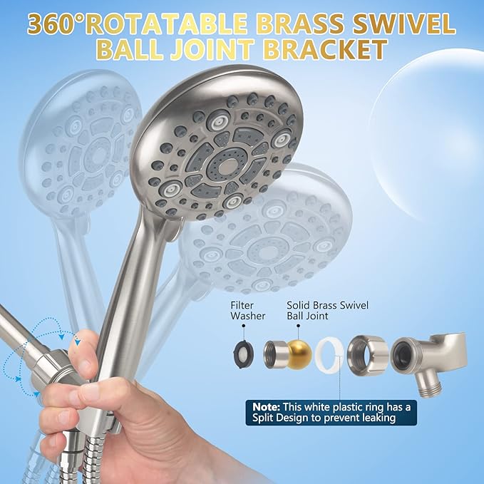 DAKDAKINGS 6 Spray Modes High Pressure Handheld Showerhead Set Upgraded 5 Inches Shower Head with Handheld Spray Brushed Nickel Handheld Shower Head 60 Inches Stainless Steel Hose-1-Min Install