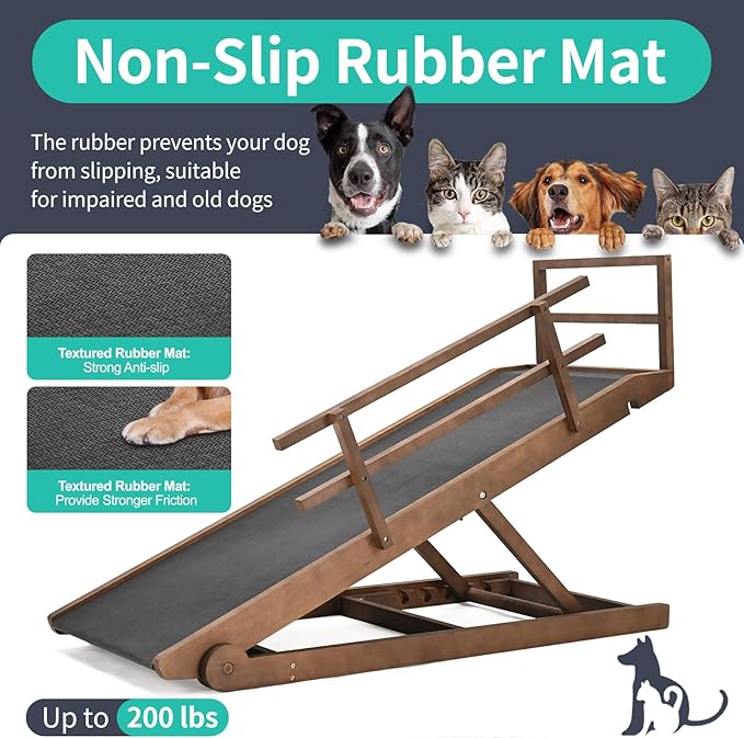 Dog Ramp, 5 Level Adjustable Wooden Folding Pet Ramp for Middle Bed, Couch,SUV-High Traction, Portable Paw Ramps for Small & Large Old Dogs & Cats - Furniture Quality