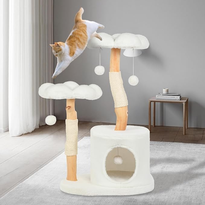 Cute Cat Tree Tower for Indoor Cats Adult, Wood Flower Cat Trees with 6 Pompoms, Modern Cat Tree Tower with Scratching Post, Aesthetic Luxury Cat Condo for Cats Kitten, Alpine White