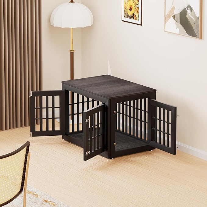 38" Heavy Duty Dog Crate Furniture for Small,Medium and Large Dogs,Rustic Wooden Dog Cage Kennel Indoor Furniture with Waterproof Top,Decorative Pet House Side End Table (Black & Grey)