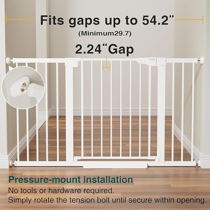Cumbor 29.7-54.2" Wide Baby Gate for Stairs, Mom's Choice Awards Winner-Self Closing Dog Gate Indoor for Doorways, No Drilling Pressure Mounted Pet Gates for Kids, Easy Walk Through Safety Gate, White