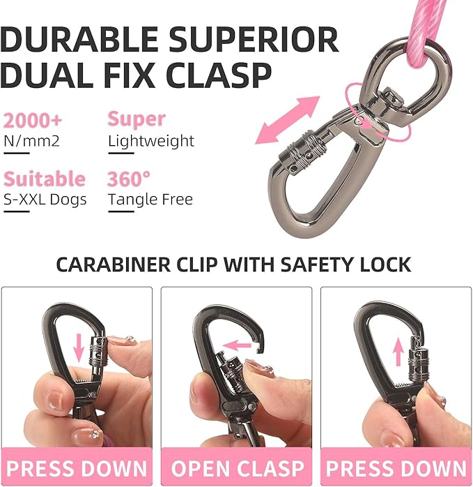 Dog tie Out Cable, 10/20/25/30/50/70/100 feet, Suitable for Dogs up to 350 pounds, Dog Cable with Swivel Buckle, Lightweight, Non-Winding, for Outdoor Camping, Yard Dog Cable (Pink, 100FT)