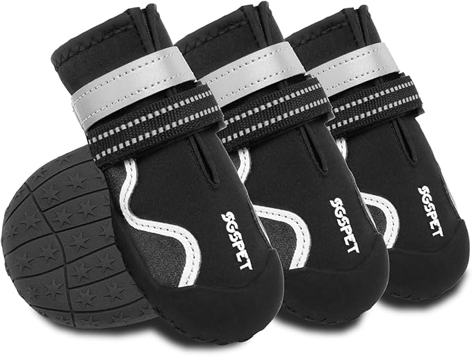 Dog Shoes, Waterproof Dog Boots & Paw Protectors with Anti-Slip Sole, 4pcs/Set Pet Dog Booties, Reflective Dog Shoes for Small Medium Large, Winter Snowy Summer Hot Pavement (Black, 4# (S))